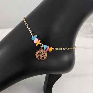 Gold Plated Tree of Life Anklet with Multicolor Beads